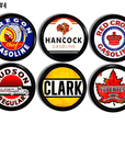Six handmade decorative petroleum sign cabinet knobs for masculine kitchen or home bar storage cupboard pulls.