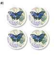 4 farmhouse style cabinet door knobs. Blue butterfly, regal floral damask, french script in blue, cream and lilac colors on white drawer pull.