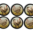 6 furniture drawer pulls with rooster and hen motif in a distressed vintage painting look on black knobs