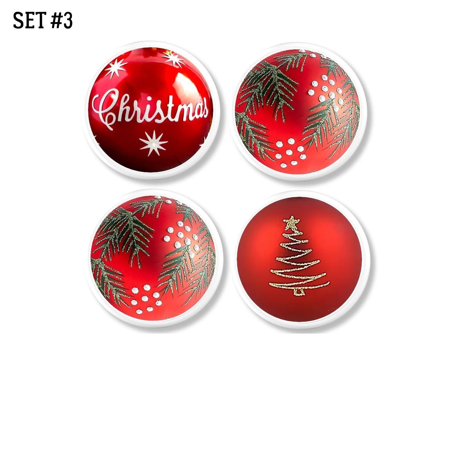 4 Dresser knobs for holiday decoration as furniture pulls or stocking hangers. Theme includes Christmas tree, star, holly and branch in red, white and green.