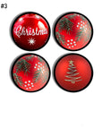 Four‑piece holiday ornament cabinet knob set in red featuring a coordinated mix of Christmas designs including pine greenery, gold tree art, festive script, and snowy seasonal accents for bright winter cabinet décor