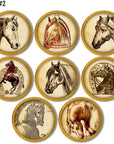 Eight handmade wood knobs decorated with various horse sketchings. Western themed furniture hardware.