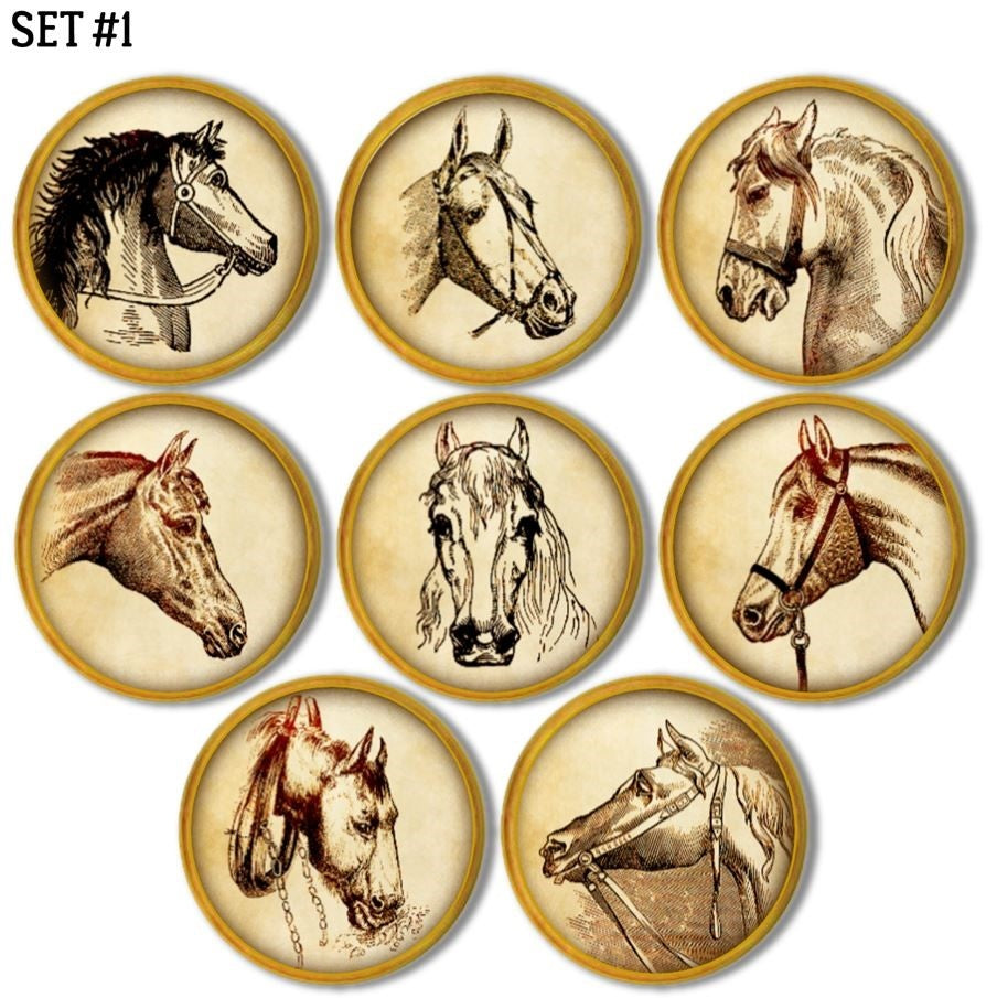 Cabinet and drawer knobs made in a horse theme for kids cowboy room or farm animal baby nursery furniture.