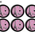 I love Paris Eiffel Tower theme furniture knob set. Hot pink white damask on black drawer pull. Shabby chic French cabinet handles.