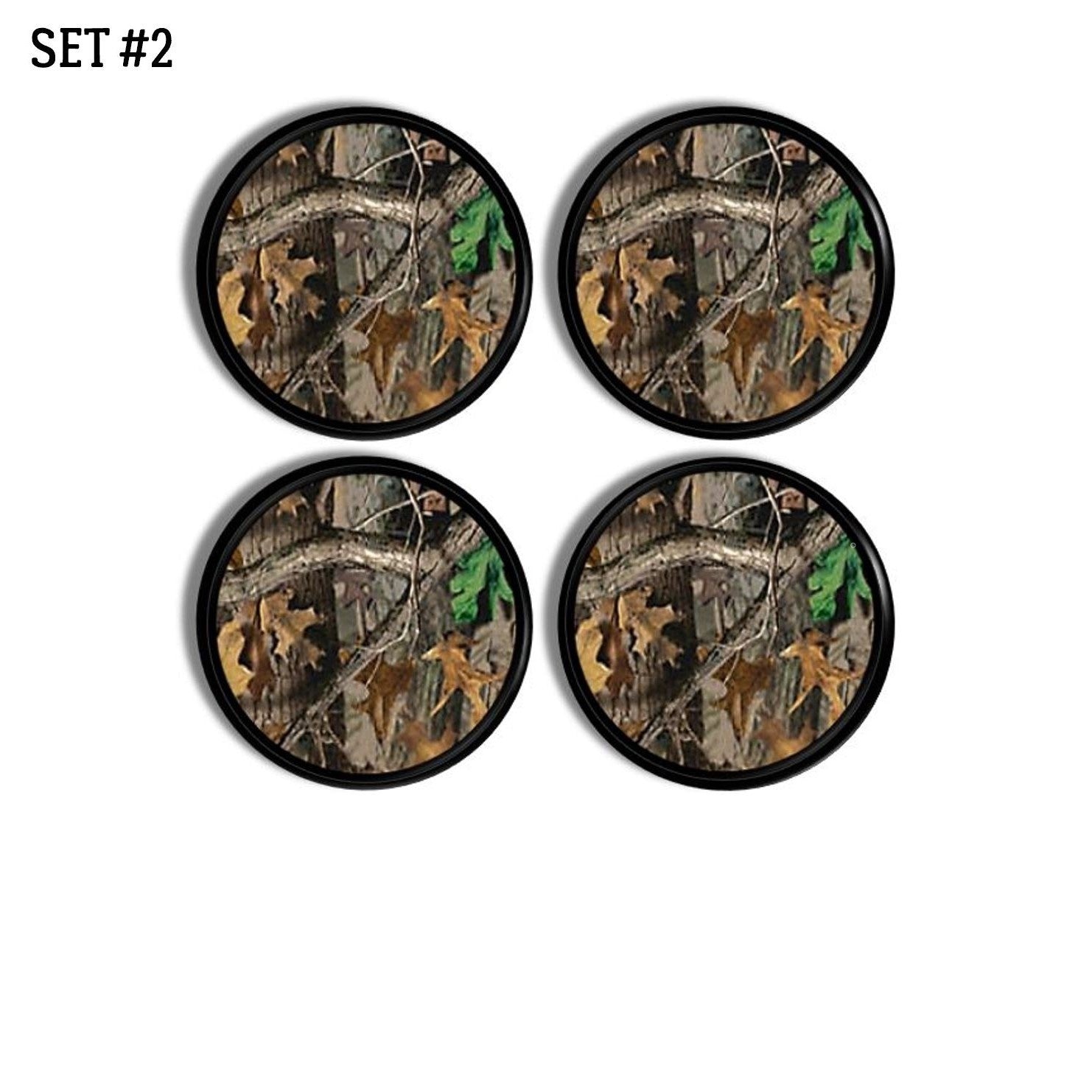 4 Dresser drawer pulls in brown, gold and green tree camouflage print for outdoor theme man cave. Hunting camo knobs for rustic cabinet hardware.