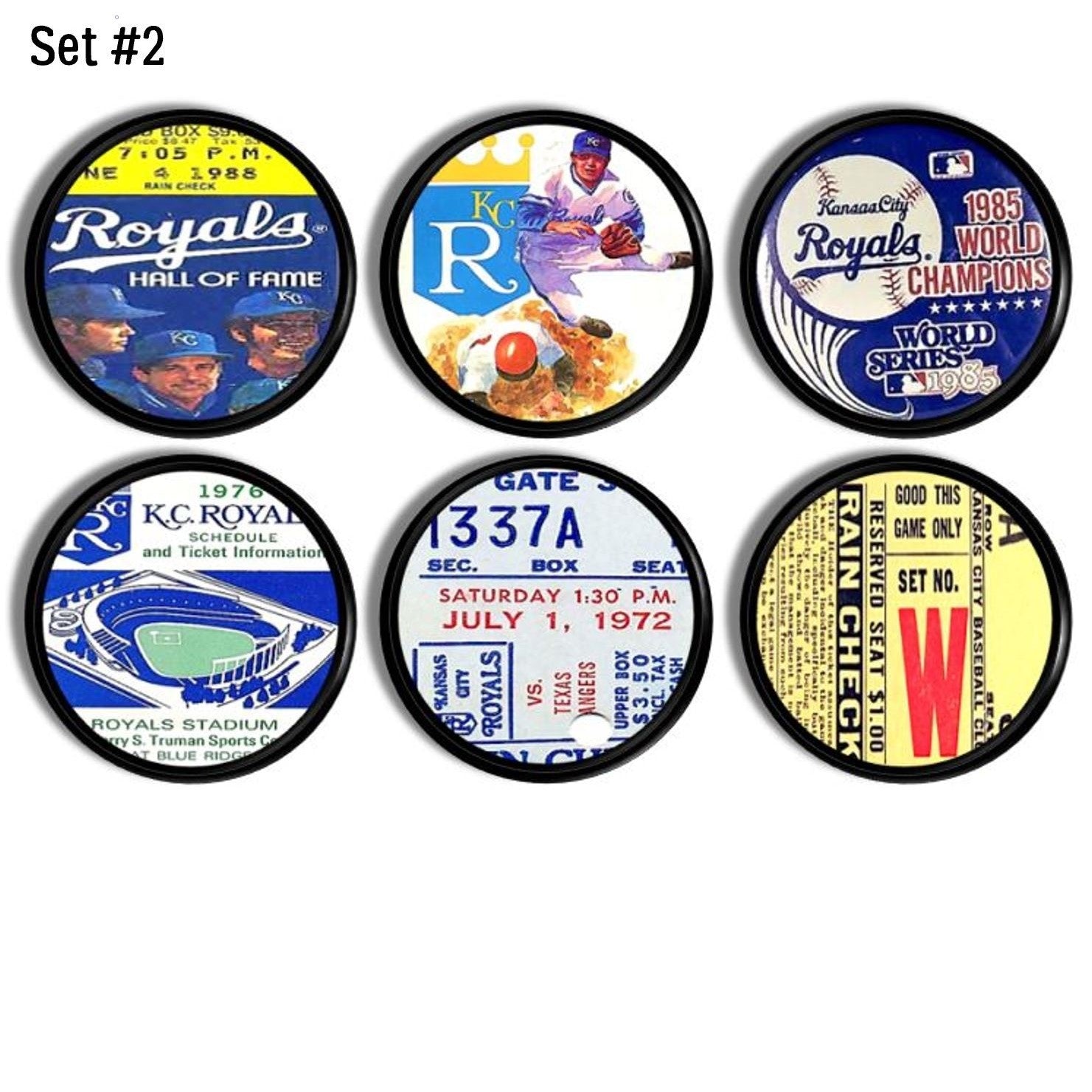 Drawer pull set in vintage Kansas City Royals baseball team collectibles theme. Antique sports bar cabinet door knobs.