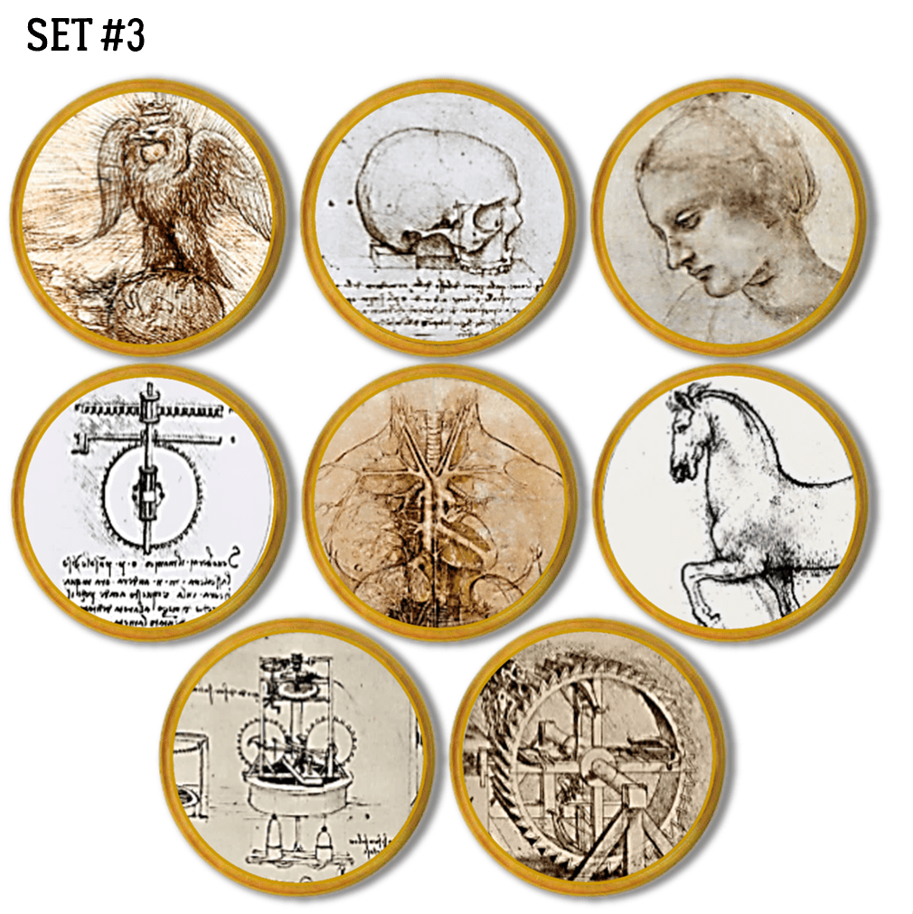 Collection of eight Leonardo Da Vinci Renaissance Art knobs. Drawer pulls made on natural wood. Subjects include invention note illustrations, female portrait, animal sketchings and anatomical drawings.