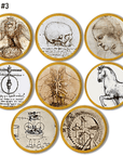 Collection of eight Leonardo Da Vinci Renaissance Art knobs. Drawer pulls made on natural wood. Subjects include invention note illustrations, female portrait, animal sketchings and anatomical drawings.