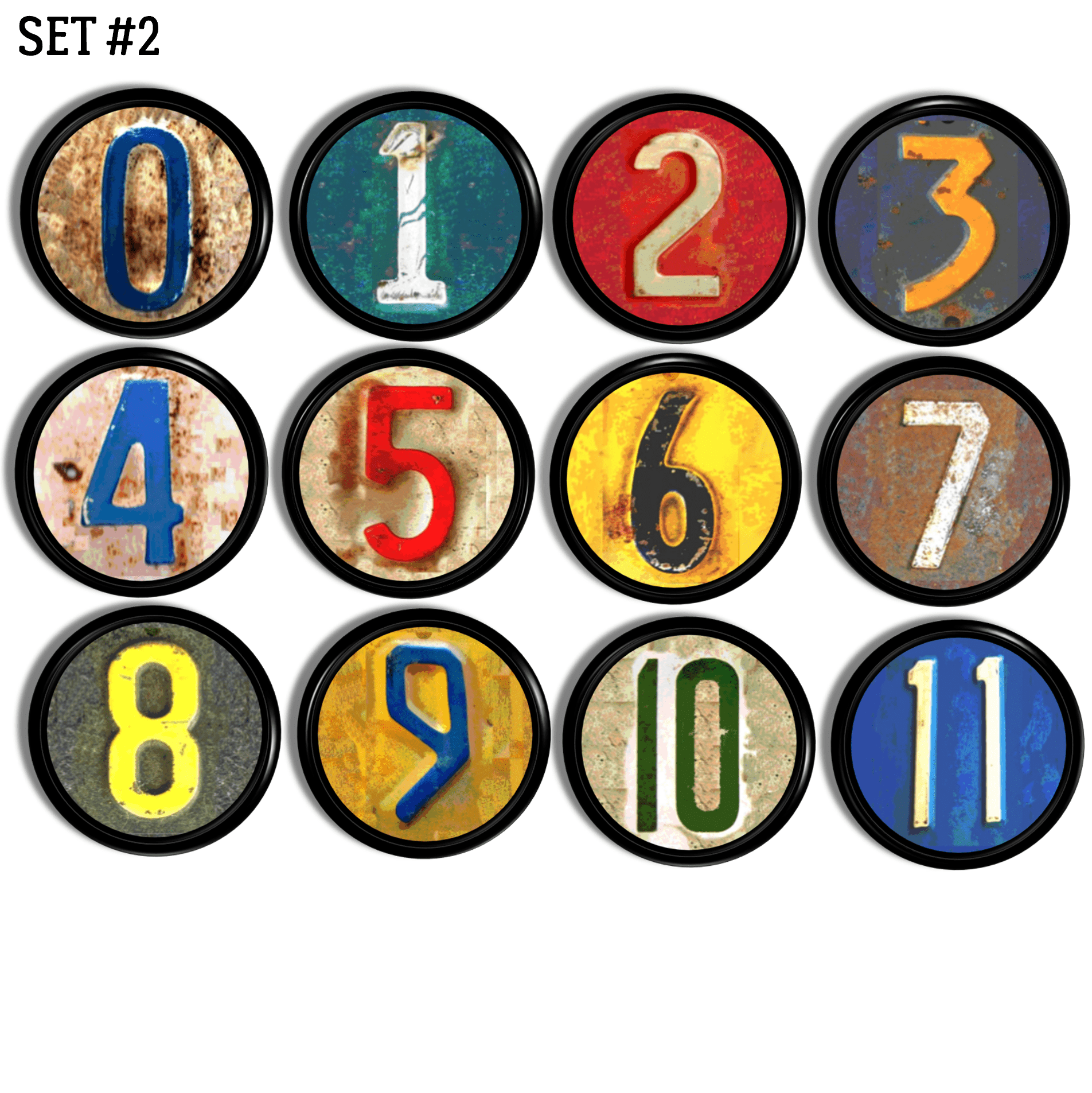 Vintage license plate number drawer pulls in numbers 0-11 for steampunk furniture, rustic industrial kitchen cabinets, or kids room dresser.