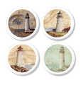 set of 4 lighthouse theme furniture drawer knobs. Vintage nautical map and seashore scene for bathroom cabinet pulls.