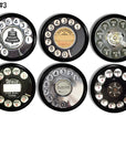 Six handmade mid‑century telephone dial cabinet knobs featuring operator‑era phrases and mechanical dial details, ideal for vintage desk makeovers and retro communication‑themed décor.