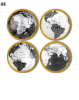 Four handcrafted globe drawer pulls featuring monochrome map designs of global regions — mounted on a sealed natural wood base knob for a warm, earthy contrast. Perfect for explorer-themed desks, travel-inspired drawers, or vintage-modern study décor.