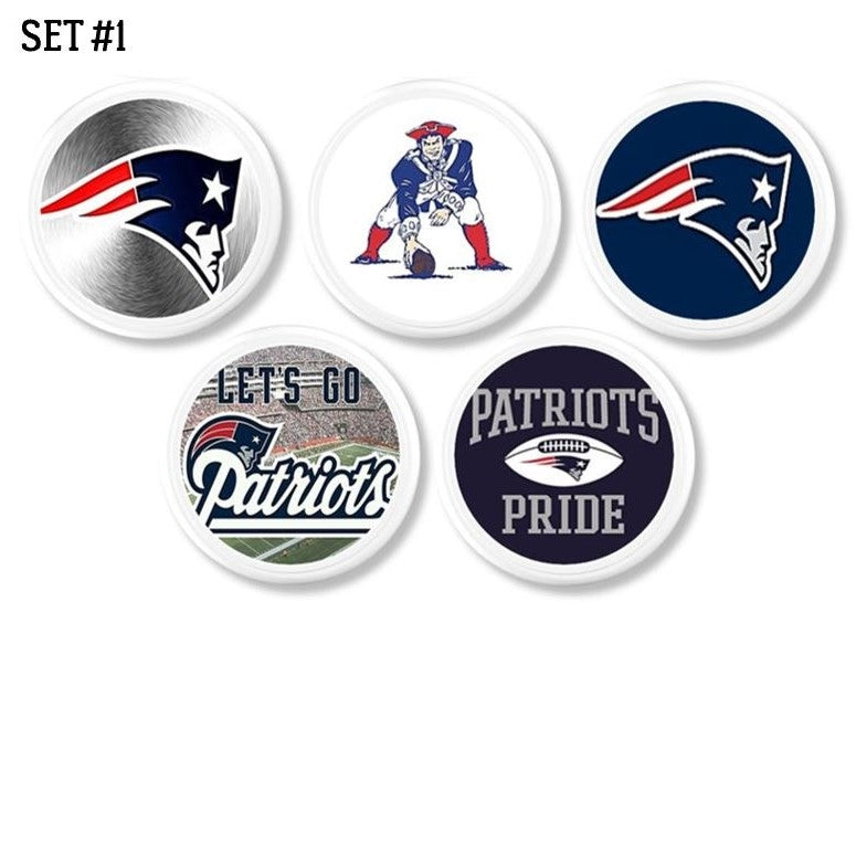 new england patriots football theme door knobs. Drawer pulls for mancave or office logo and symbol in navy blue, white and silver team colors.