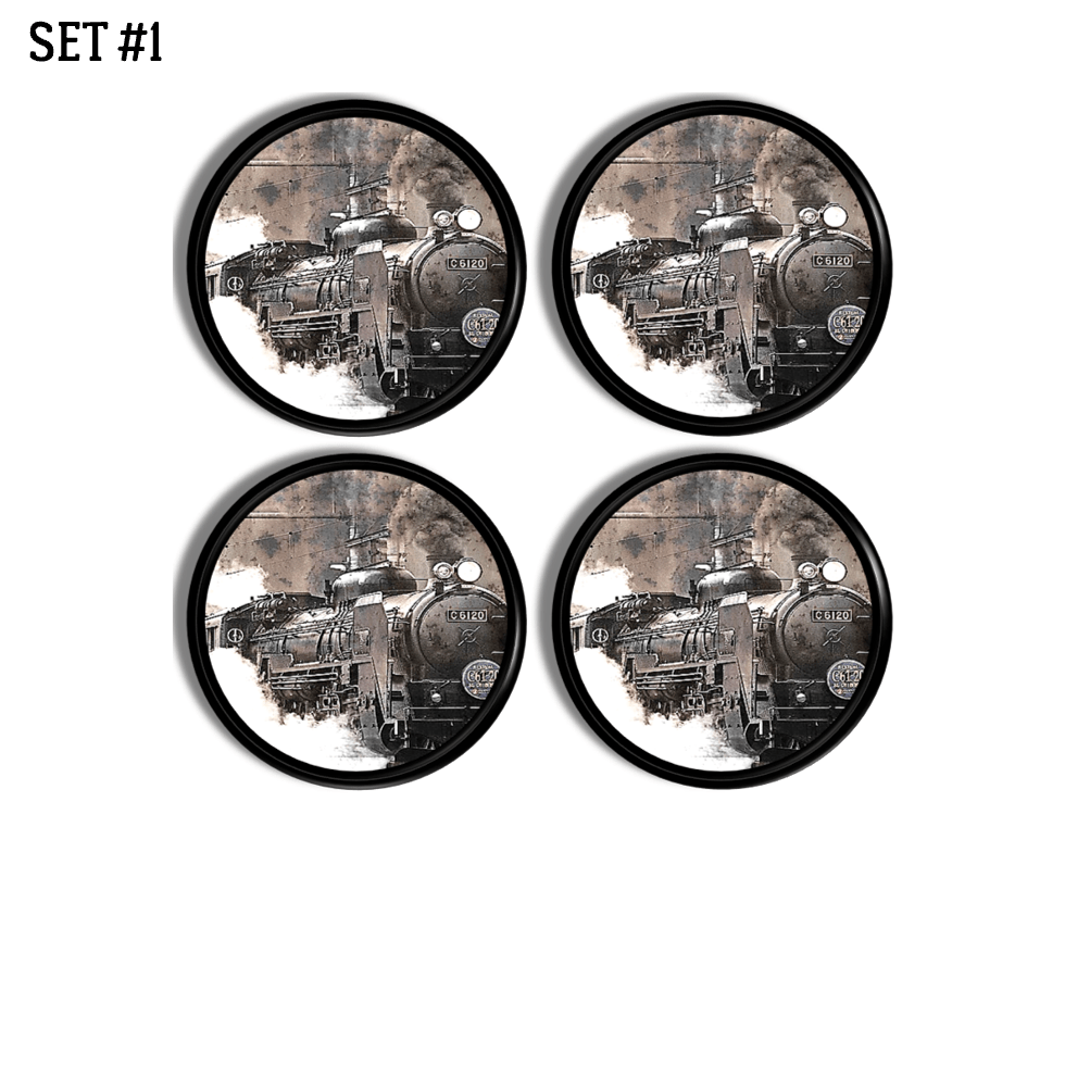 Four knobs decorated with a vintage steam locomotive train for Steampunk invention themed furniture decorative hardware.