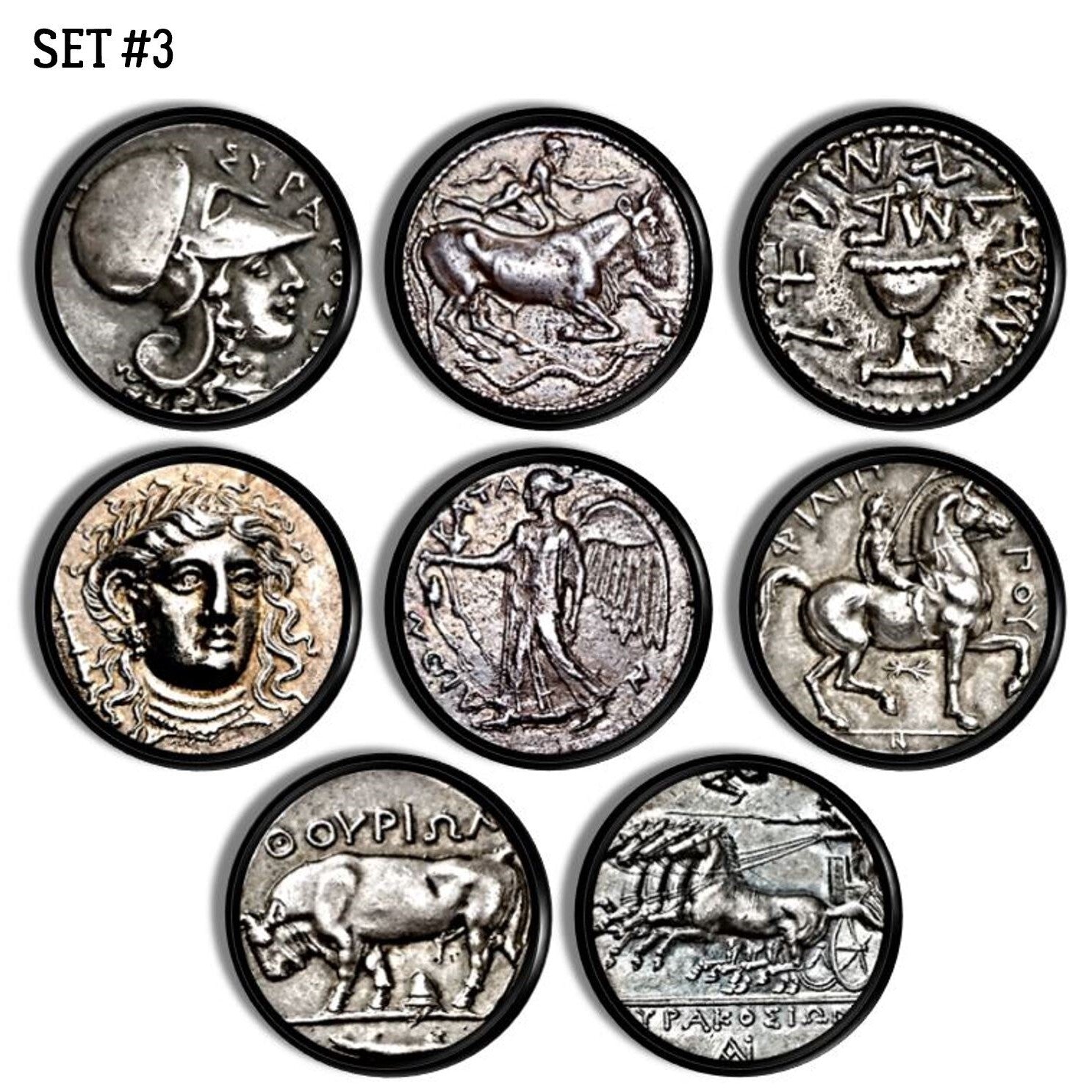 Collection of 8 furniture knobs in a theme of silver rare coins from around the world. Drawer pulls are enspired by rome, italy, greece history.