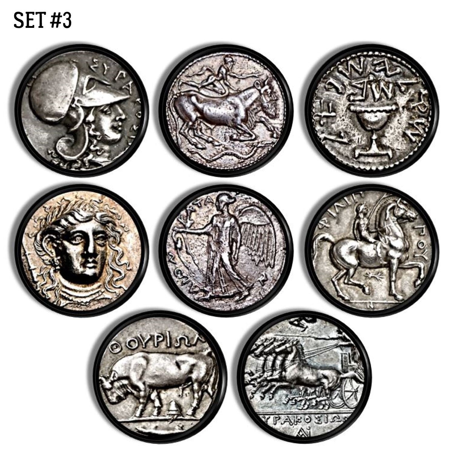 Collection of 8 furniture knobs in a theme of silver rare coins from around the world. Drawer pulls are enspired by rome, italy, greece history.