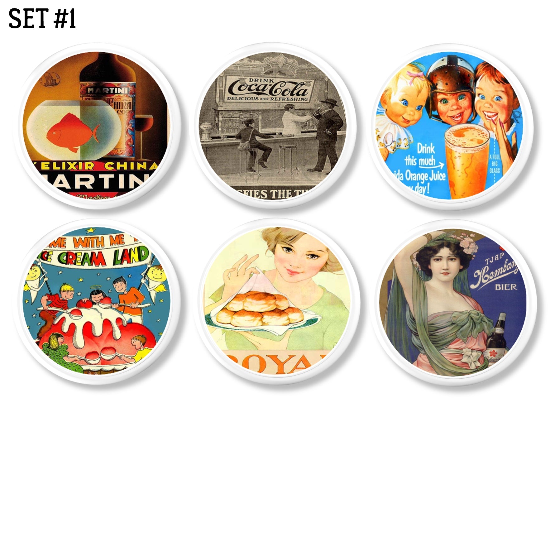Hand made cupboard handle hardware set decorated with nostalgic 50s food advertisements on white knob