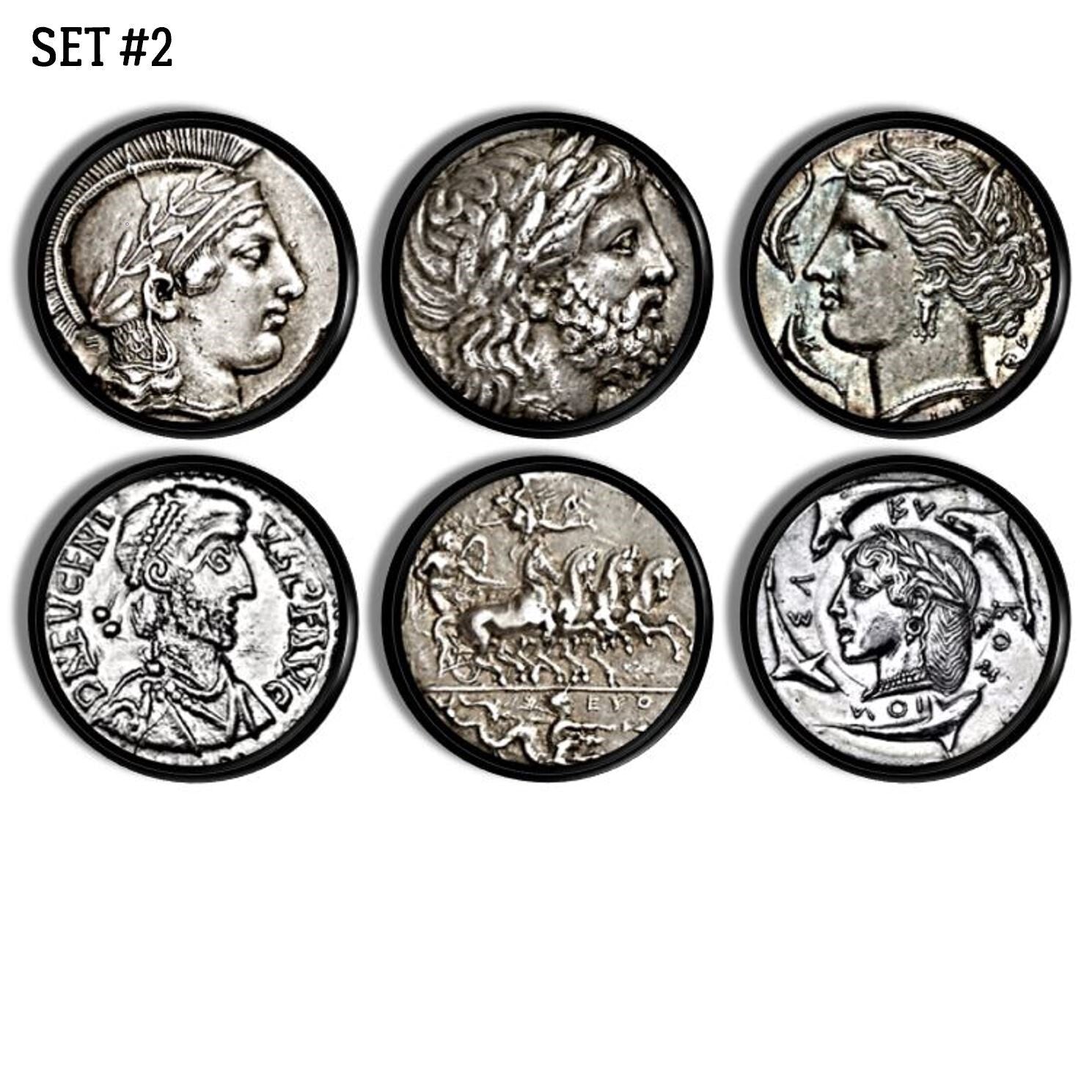 6 decorative drawer pull knobs in vintage coin money theme. Door handle hardware for office furniture in silver gray on black knobs.