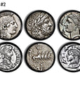 6 decorative drawer pull knobs in vintage coin money theme. Door handle hardware for office furniture in silver gray on black knobs.