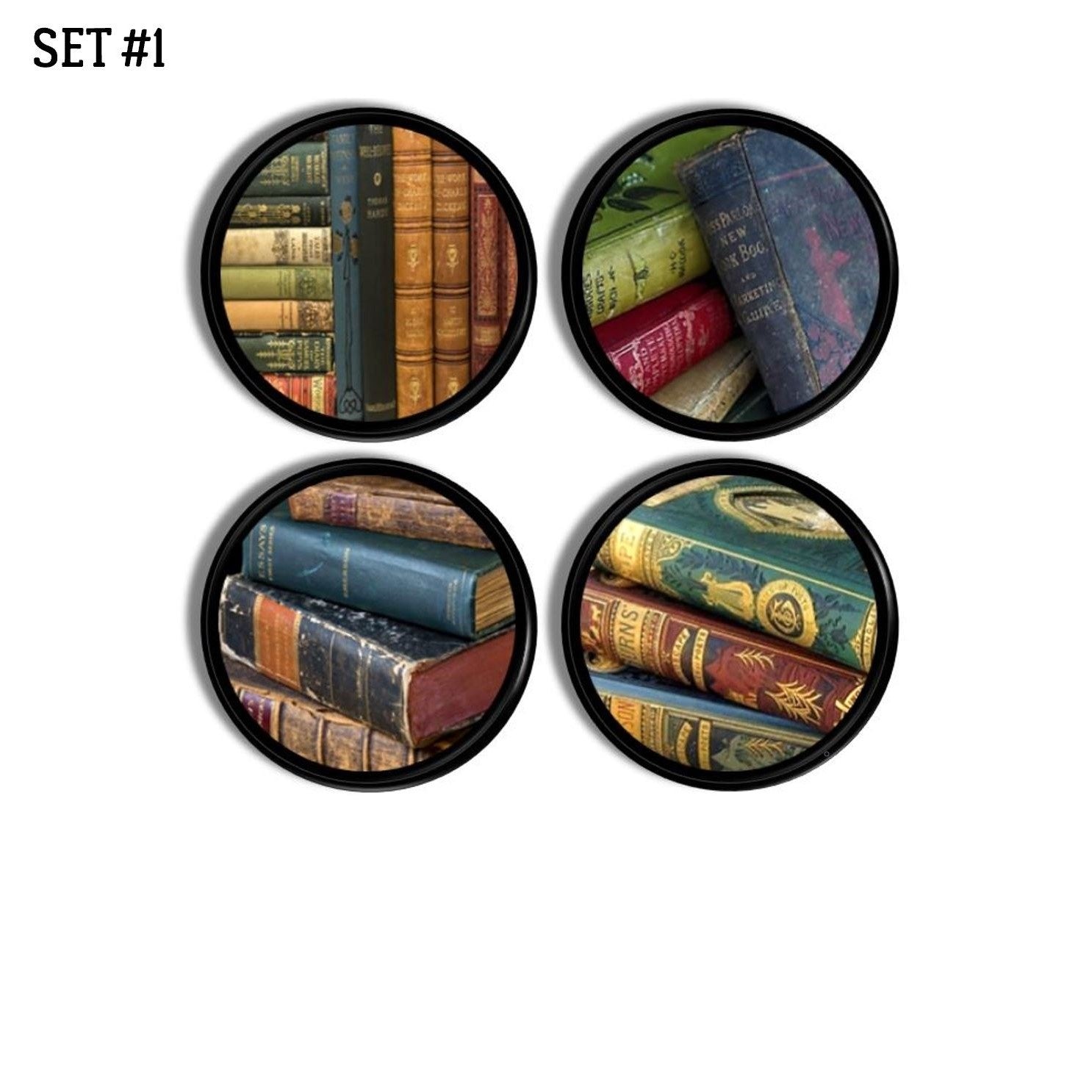 Set of 4 Drawer pulls or cabinet knobs with antique book spines arranged on shelves.