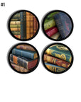 Set of 4 Drawer pulls or cabinet knobs with antique book spines arranged on shelves.