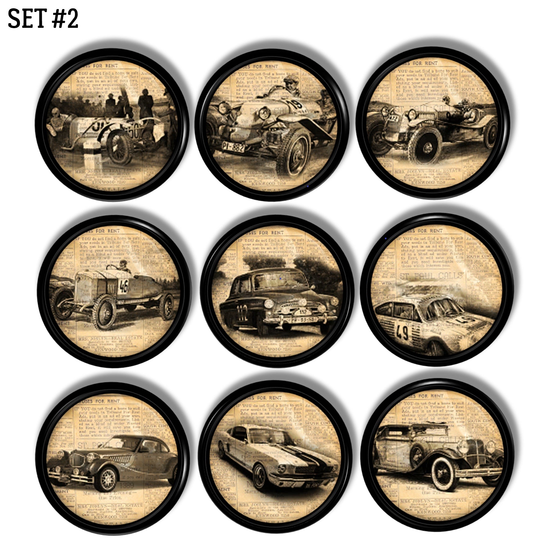 Manly bathroom cabinet knob set with sketched antique cars on vintage newspaper. Man cave home bar cupboard handles.