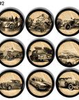 Manly bathroom cabinet knob set with sketched antique cars on vintage newspaper. Man cave home bar cupboard handles.