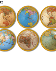 Six Old World globe furniture knobs for travel baby nursery or studious mens home office. Handmade on wood.