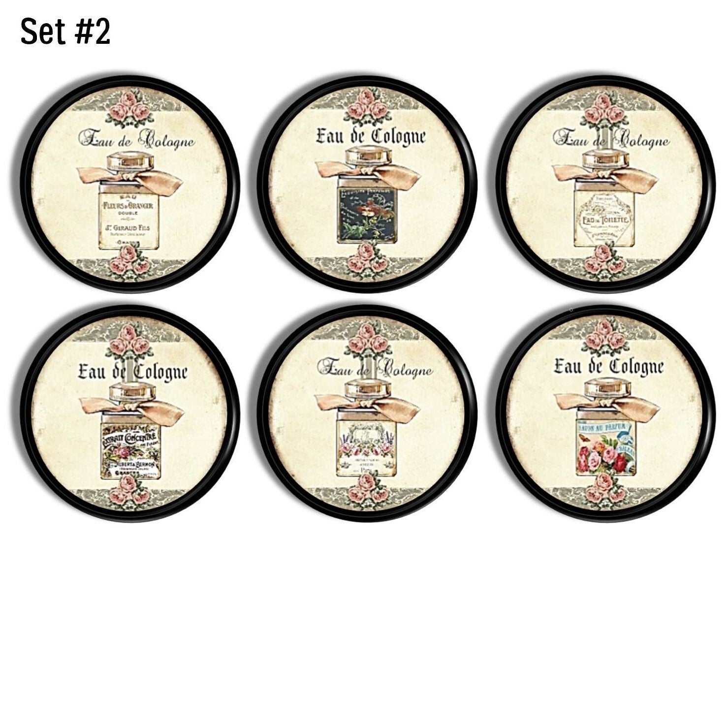 Shabby chic couture style drawer pulls with French workds, cottage florals and black lace accent. 6 knob set.