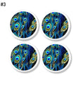 4 White knobs with turquoise aqua blue peacock tail feathers.