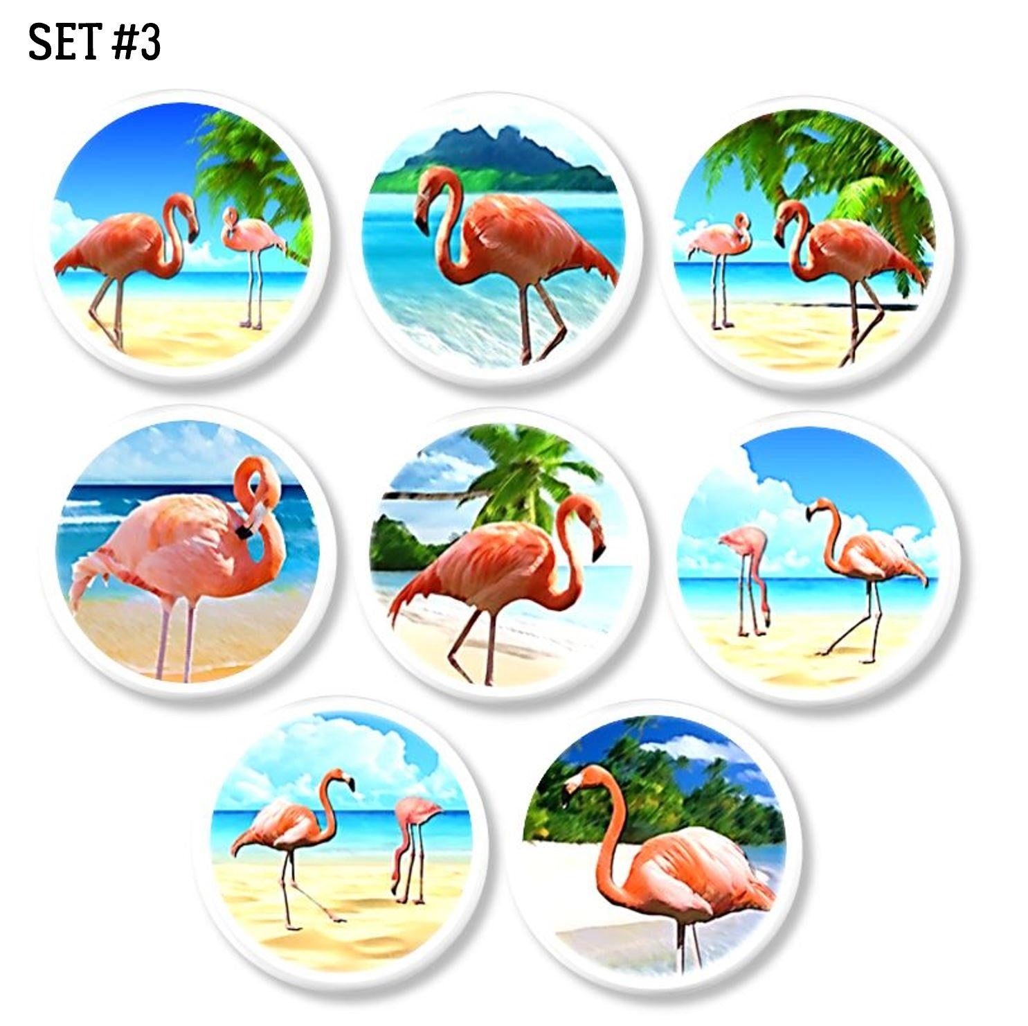 Pink Flamingo Paradise Cabinet Knobs – Coastal Beach Drawer Pulls Set #3 (8 knobs) / Standard