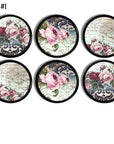 Six handcrafted cabinet knobs featuring muted pink and red vintage roses layered over distressed French script and ornate baroque textures, perfect for romantic gothic or Parisian décor.