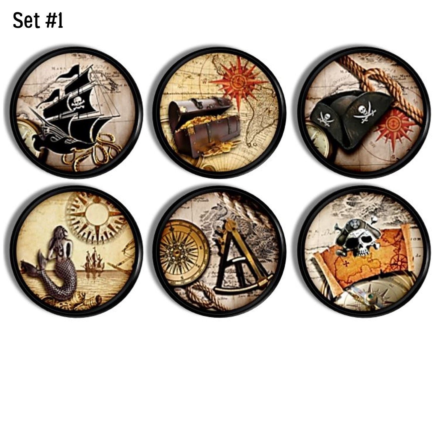 Nautical treasure map pirate themed furniture knobs. Seafarer, mariner coastal bathroom cabinet drawer pull handles. Mermaid, ship, compass images in brown, tan, orange and black.