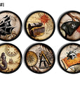 Nautical treasure map pirate themed furniture knobs. Seafarer, mariner coastal bathroom cabinet drawer pull handles. Mermaid, ship, compass images in brown, tan, orange and black.
