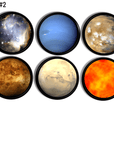 6 Outer space themed drawer pulls for kids bedroom furniture or baby nursery hardware. Brightly colored on planets black knob
