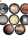 Set of 8 hand made solar system furniture knobs featuring the Milky Way, Earth, moon & other planets in reds, blues & golds.
