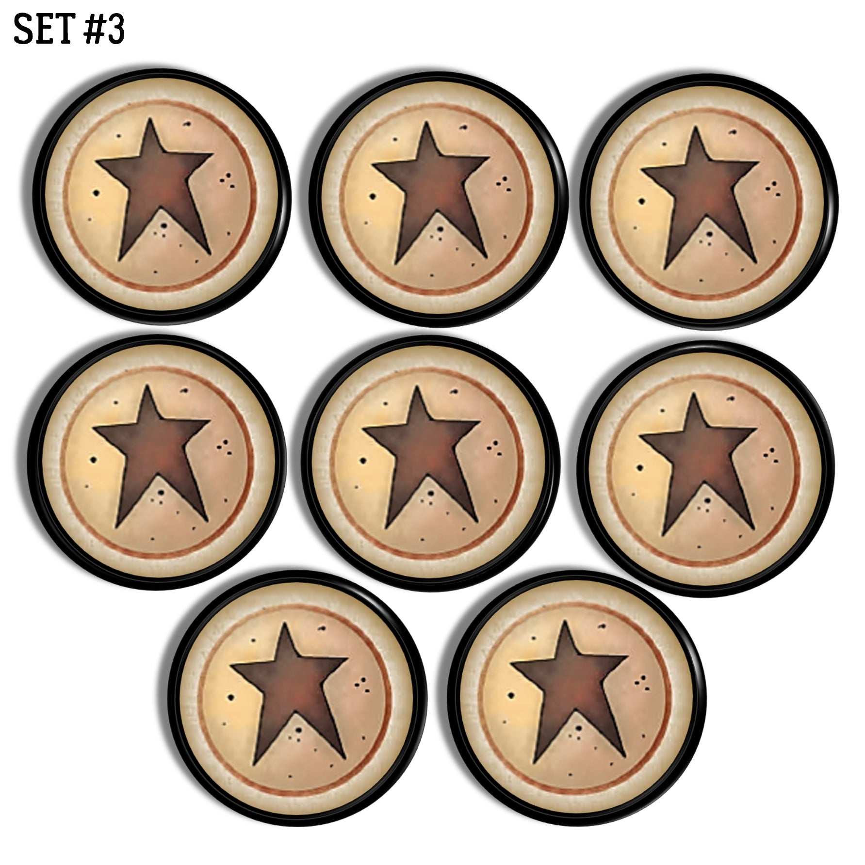 Primitive kitchen cabined knob hardware. Antique looking barn star in muted prim burgundy red with gold, brown and beige.