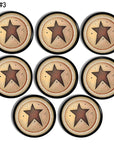 Primitive kitchen cabined knob hardware. Antique looking barn star in muted prim burgundy red with gold, brown and beige.