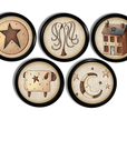 Rustic Primitive kitchen cabinet knobs with distressed barn star, willow tree, salt box house, sheep and moon.