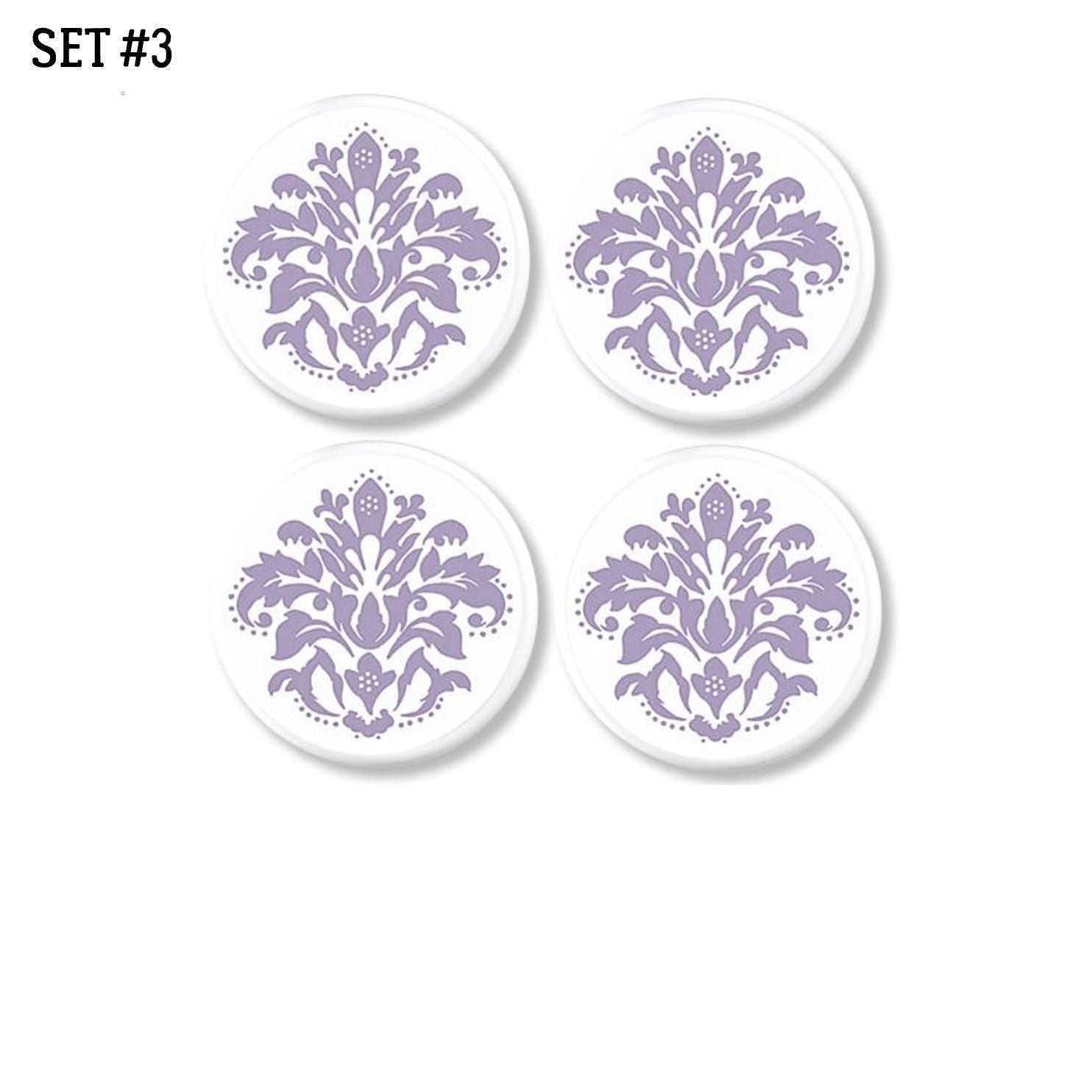 4 Furniture knobs with light purple modern floral damask print design on white hardware.