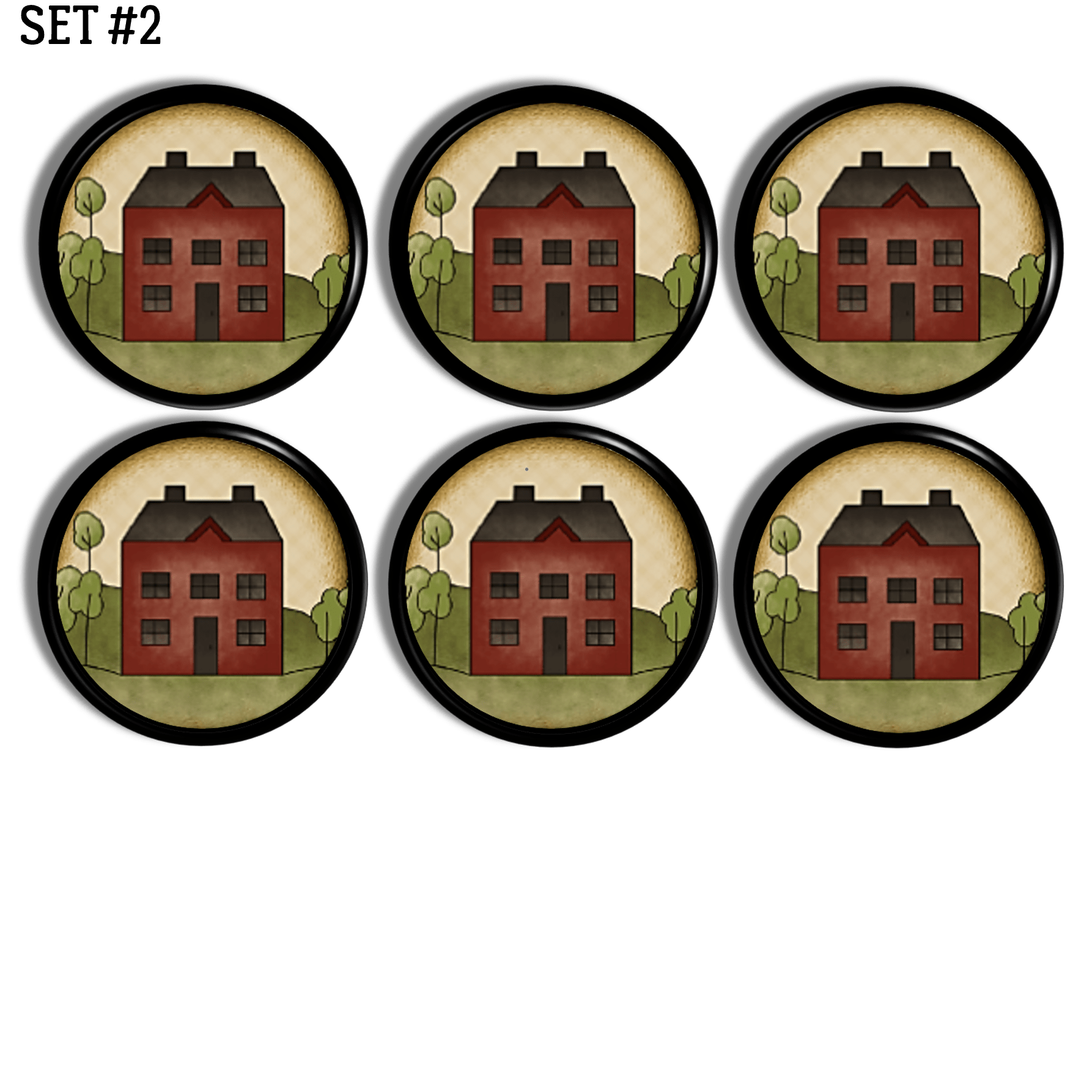 Furniture knobs handmade with Primitive Red salt box housees. Drawer pulls for rustic aged prim country farm  decor.