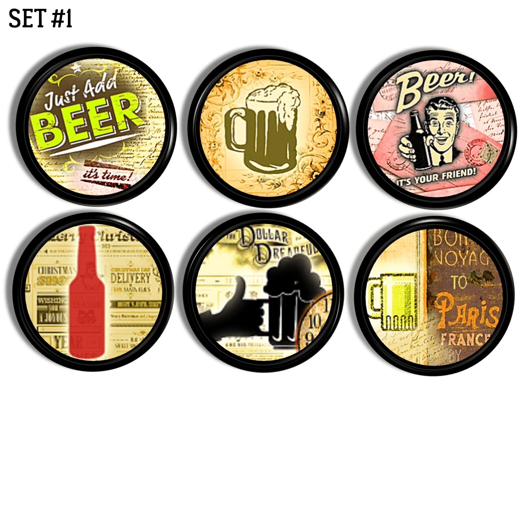 Fun & funky retro beer lovers cabinet knobs. Home Bar hardware with beer signs, beer mugs, beer bottles in a vintage motif.