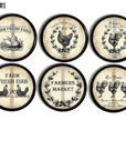 6 black knobs with black roosters, chickens, fresh eggs & French provincial wheat on a distressed antique cream background.