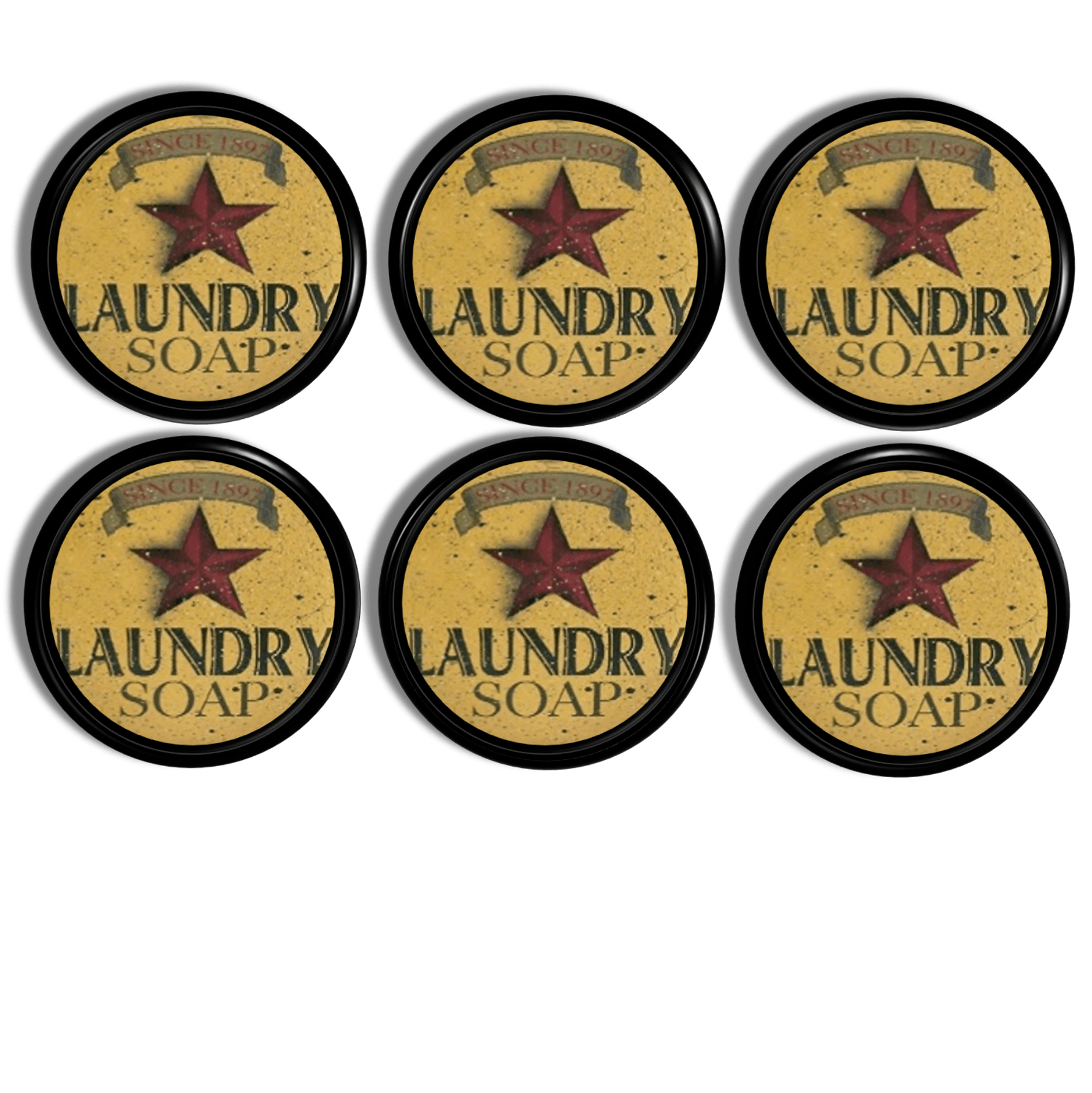 6 knobs with vintage laundry soap red star label in muted gold and red colors. Antique primitive country farm style hardware.