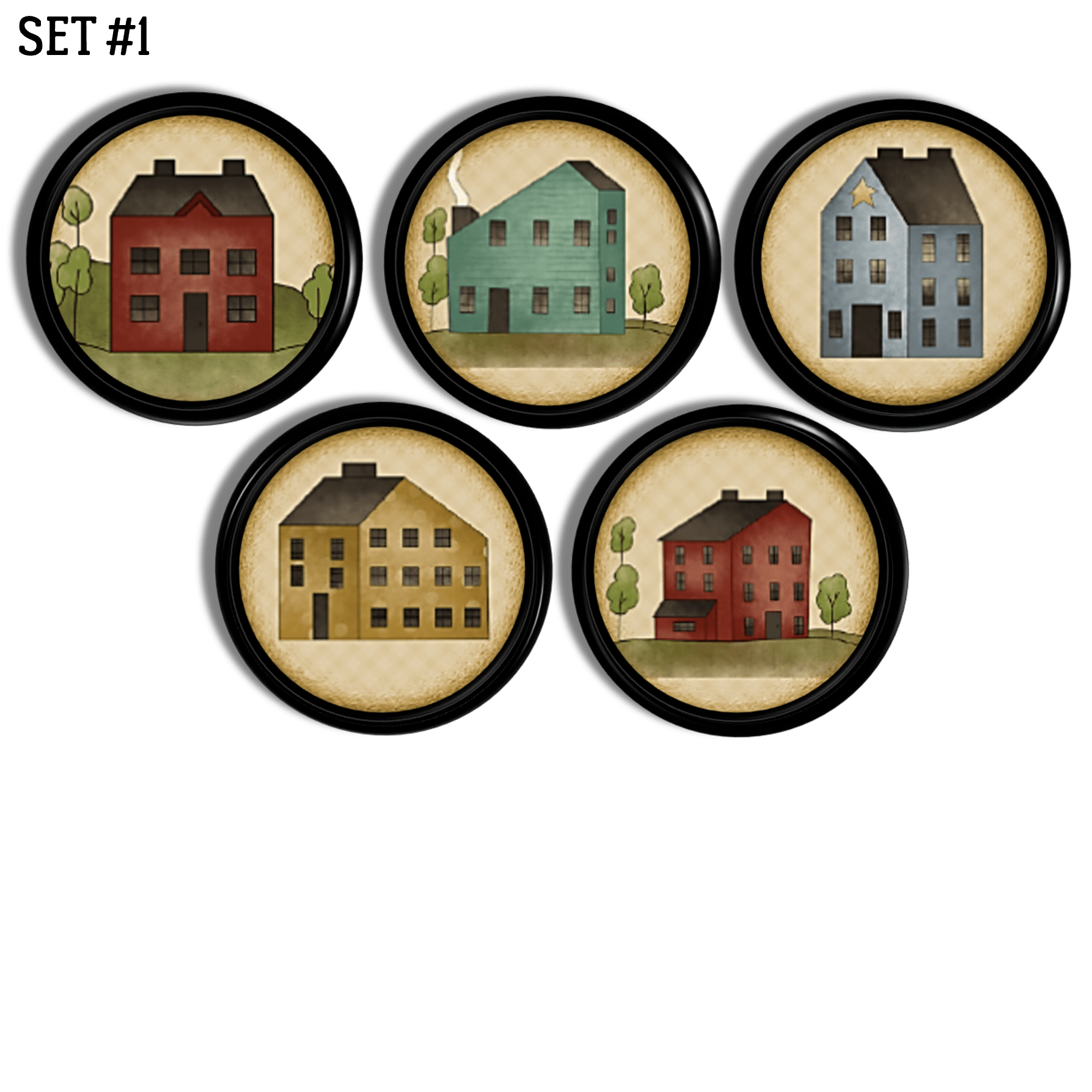 Colorful Vintge Saltbox Houses Primitive kitchen cabinet knobs. Decorative farmhouse drawer pull hardware set.
