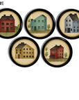 Colorful Vintge Saltbox Houses Primitive kitchen cabinet knobs. Decorative farmhouse drawer pull hardware set.