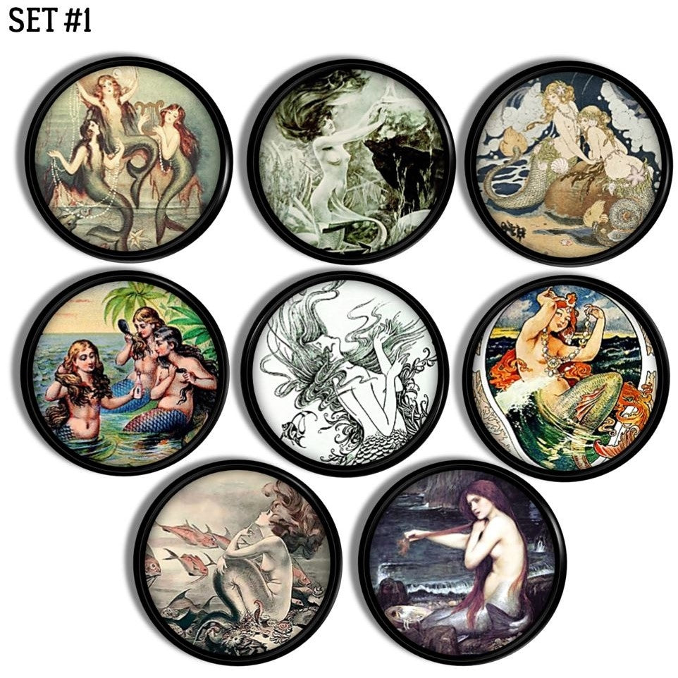 Eight furniture drawer pulls featurning colorful Norse Viking Folklore Sea Siren Mermaid Art.