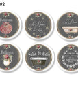 6 French Victorian style bathroom cabinet knobs. Le Bain theme chalkboard look drawer pulls. Seashell, water pitcher, claw bathtub and red rose floral design.