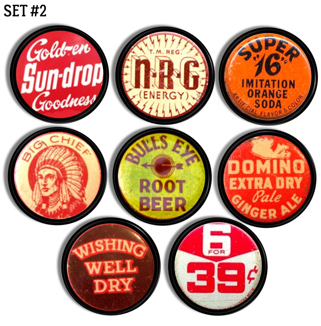 Old fashioned beverage bottle cap decorated cabinet hardware for rustic vintage furniture pieces or retro 1950s cabinets.
