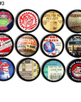 Collection of furniture and cabinet knob hardware in vintage Cleveland Indians game program, park tickets and Cheif Wahoo illustrations.
